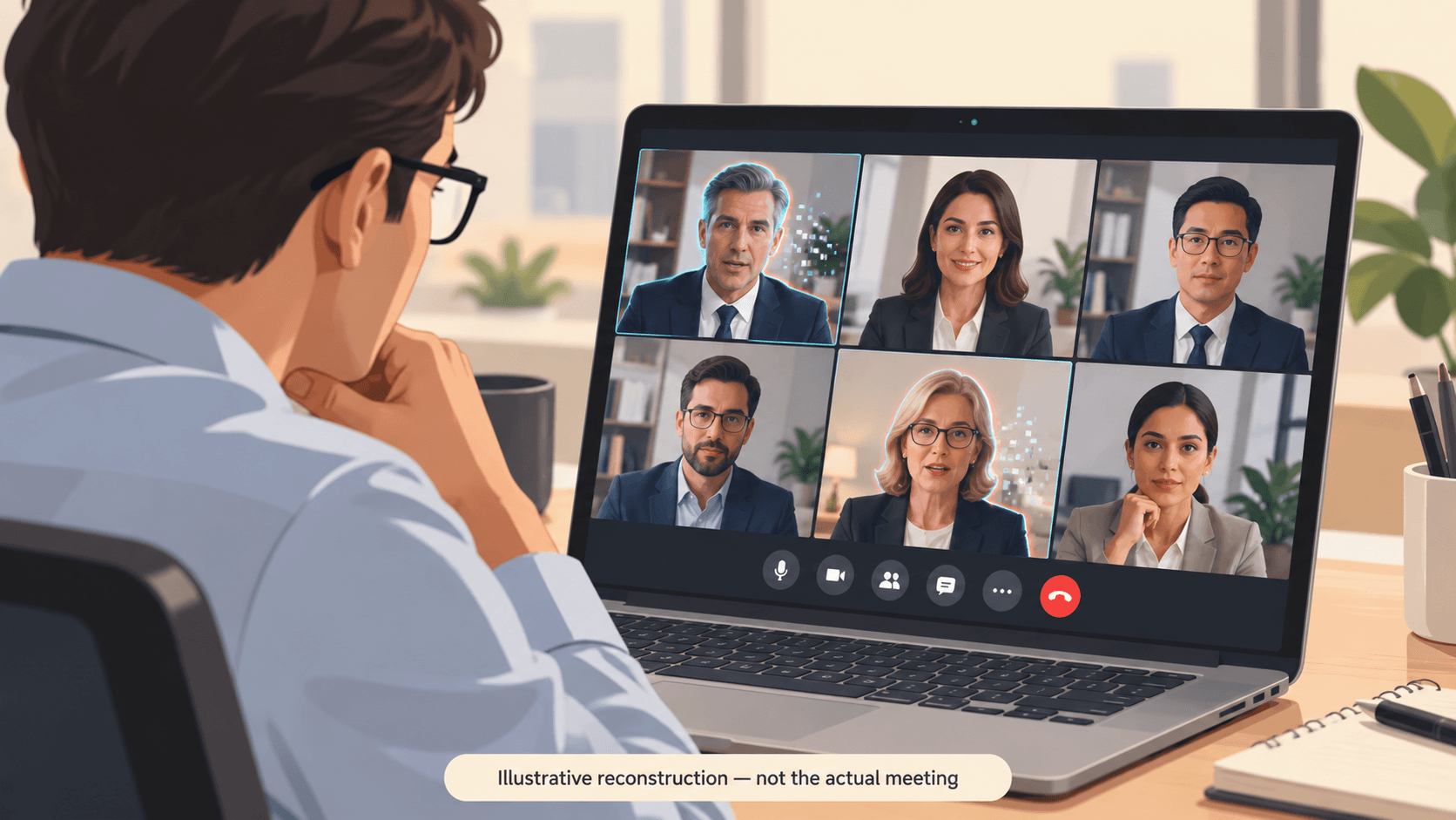Illustrative reconstruction of a person viewed from behind, looking at a laptop screen during a six-person video conference call, captioned 'Illustrative reconstruction — not the actual meeting.'